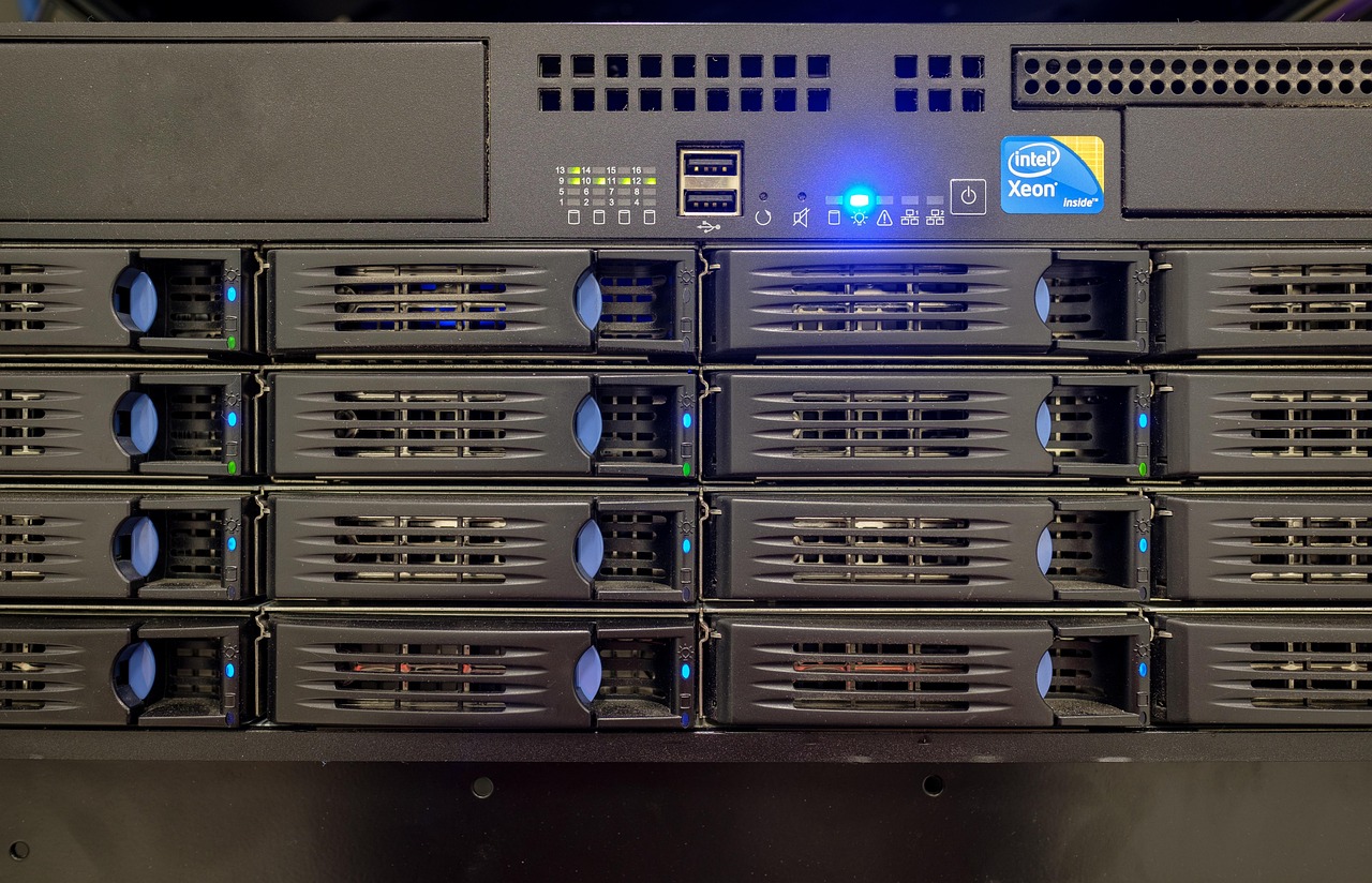A rack-mounted server with multiple drive bays and an Intel Xeon badge.
