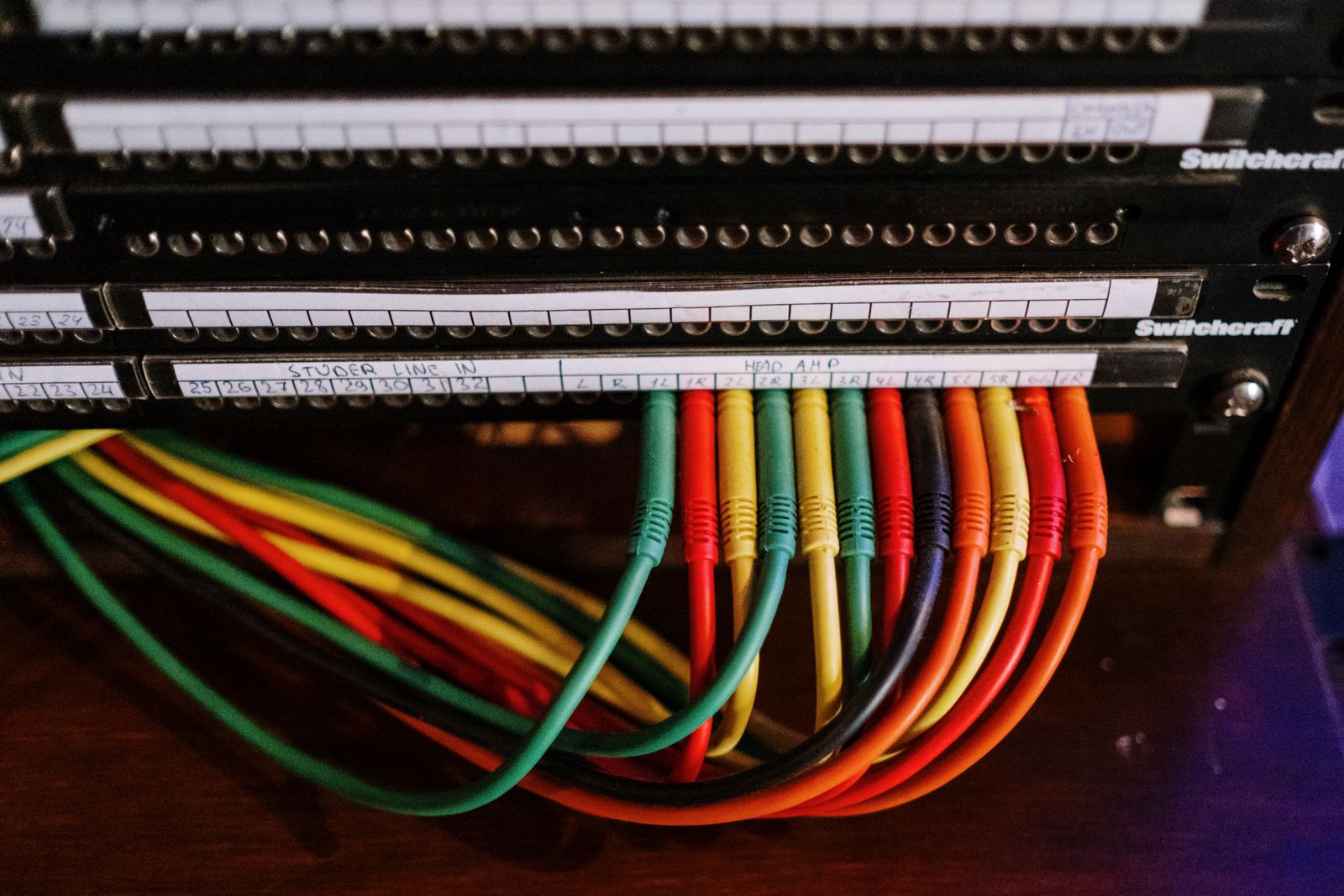 Un patch panel in un rack, con etichette scritte a mano su strisce bianche sopra ogni fila di prese e un fascio di cavi verdi, gialli, rossi, arancioni e neri collegati alla fila inferiore