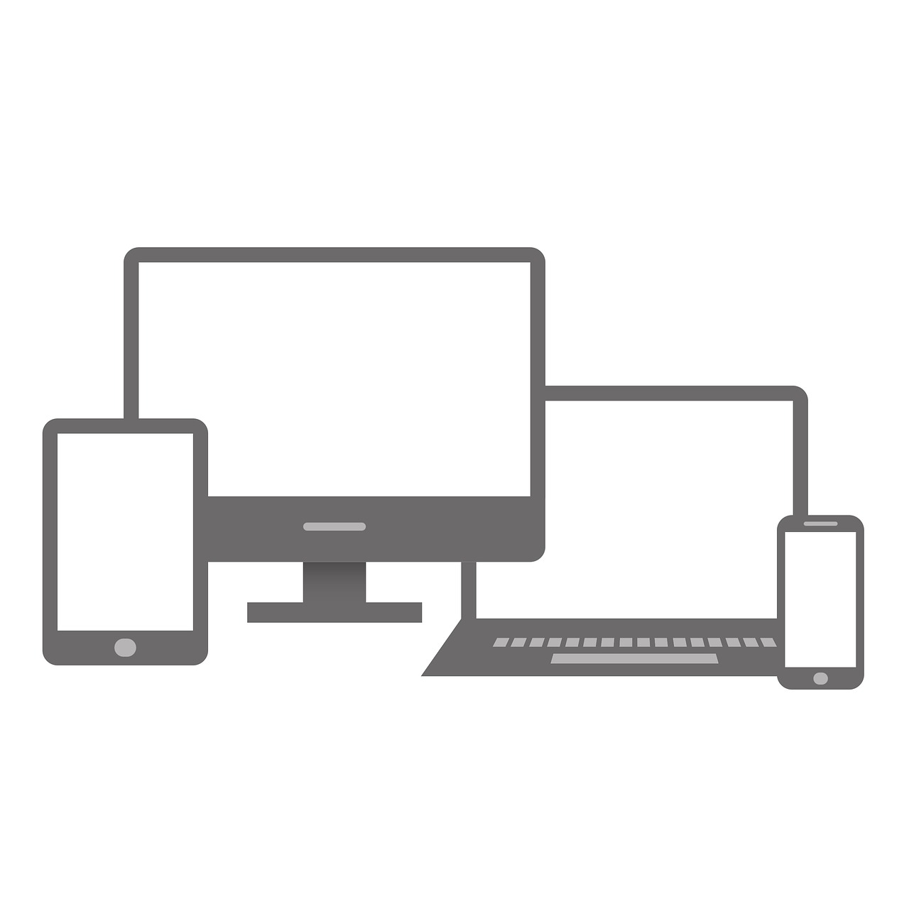 A flat illustration of responsive devices: a monitor, tablet, laptop and phone