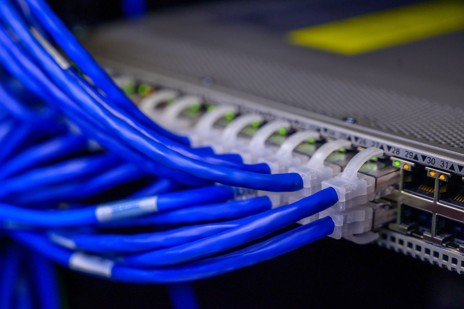 Cabos Ethernet azuis ligados a um switch de rede - o percurso de rede que um pedido percorre é uma parte do Time To First Byte de uma página.