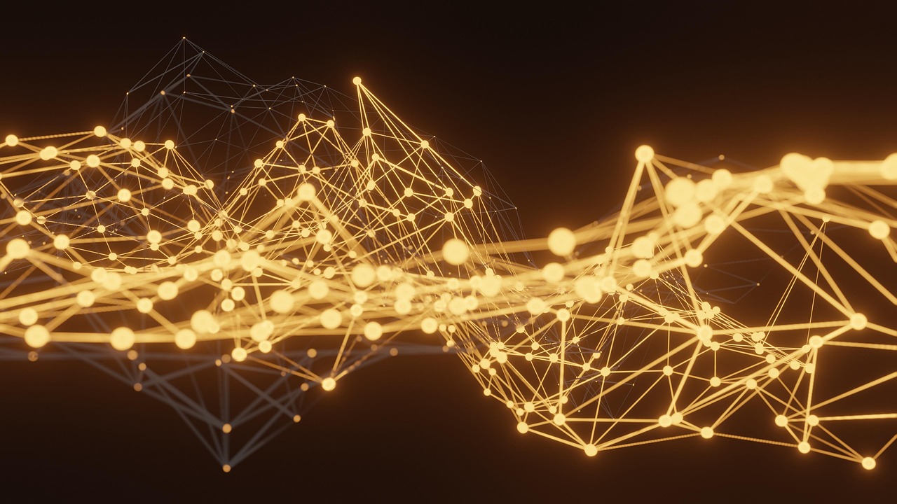 An abstract glowing network of connected nodes in gold on a dark background
